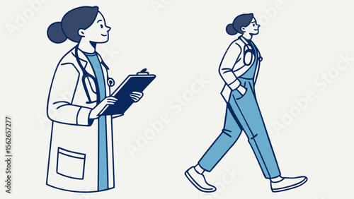 Female Doctor Illustrations: Healthcare Professional in Lab Coat and Scrubs with Clipboard and Stethoscope