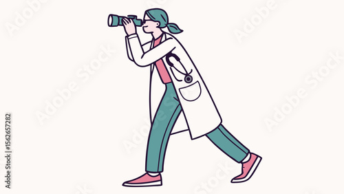 Doctor Looking Through Telescope: Medical Research, Future Vision, Healthcare Innovation & Observation Concept Illustration