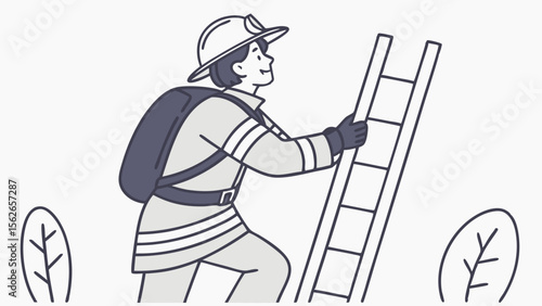 Monochrome Firefighter Climbing Ladder Line Art Illustration