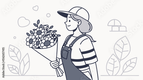 Smiling young woman in overalls and cap holding a fresh flower bouquet. Monochrome line art illustration with floral elements.