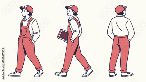 Service Worker Character Illustration Set: Man in Red Overalls Walking and Holding Clipboard