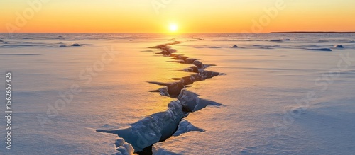 Sunset over cracked ice, frozen sea, land visible, winter scene, background use