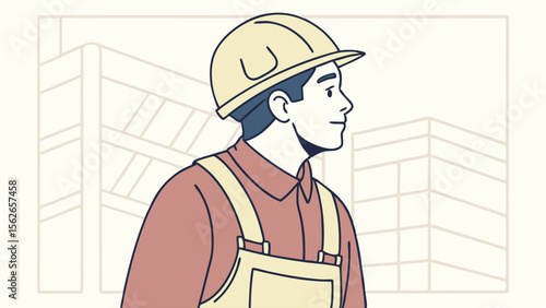 Smiling Male Construction Worker in Hard Hat and Overalls on Building Site Background - Flat Vector Illustration