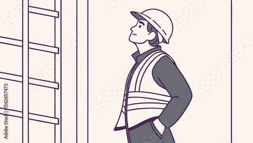 Illustrated construction worker in hard hat and safety vest looking up at a building structure
