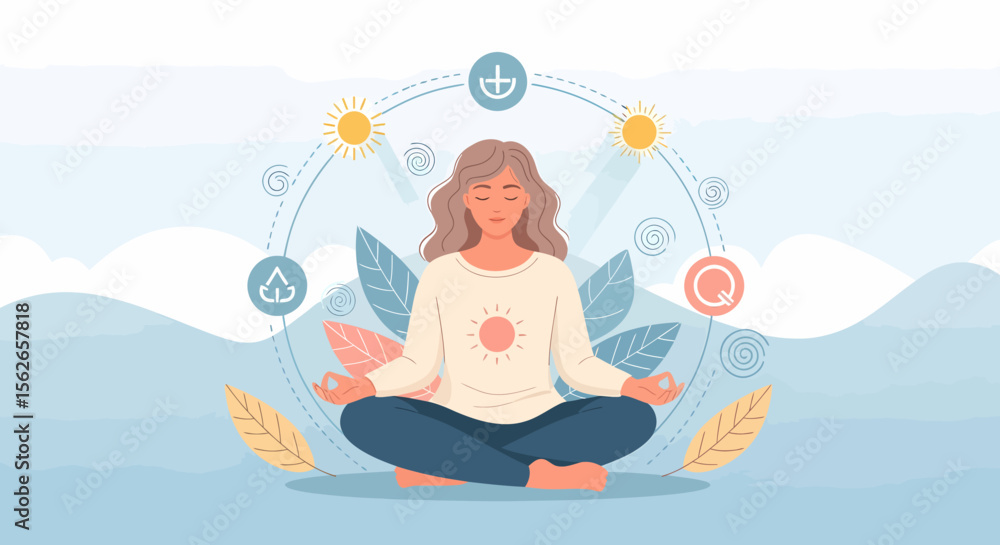 Meditating woman in lotus position surrounded by sun recycling and question icons. Meditating woman in lotus position surrounded by sun recycling and question icons.