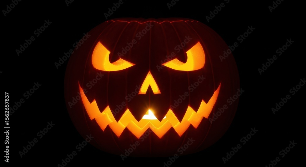 Fototapeta premium Halloween jack-o'-lantern with scary face glowing in the dark