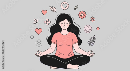 Meditating woman with black hair surrounded by hearts flowers leaves and smiley face icons.