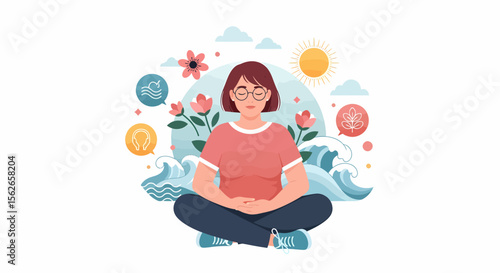 Serene Meditating Woman with Floral and Elemental Icons in Peaceful Composition.