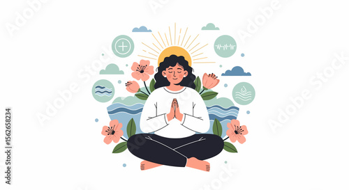 Serene Woman Meditating Amidst Floral Accents and Symbolic Elements.