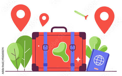A suitcase, passport, location pins, and a departing plane, symbolizing travel, vacation, or global journeys.