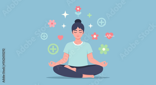 Serene Woman Meditating Amidst Health and Wellness Symbols in Lotus Position.