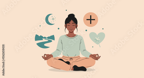 Serene Woman Meditating with Symbolic Icons of Nature and Positivity.