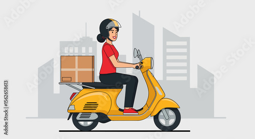 Smiling woman delivering package on yellow scooter with city backdrop illustration.