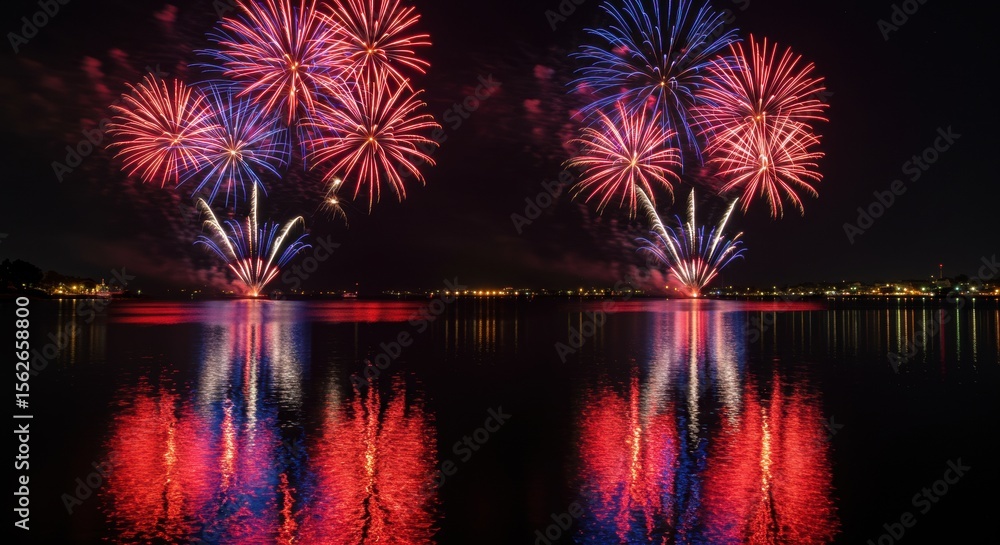 Fototapeta premium Colorful fireworks reflection on water at night
