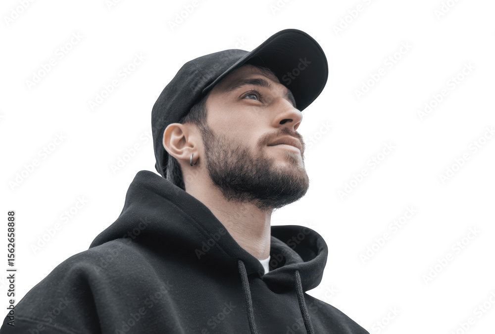 A young man in a black hoodie gazes thoughtfully upwards against a plain gray background. conveying a sense of contemplation and introspection. ideal for lifestyle or fashion themes A young man in a black hoodie gazes thoughtfully upwards against a plain gray background. conveying a sense of contemplation and introspection. ideal for lifestyle or fashion themes