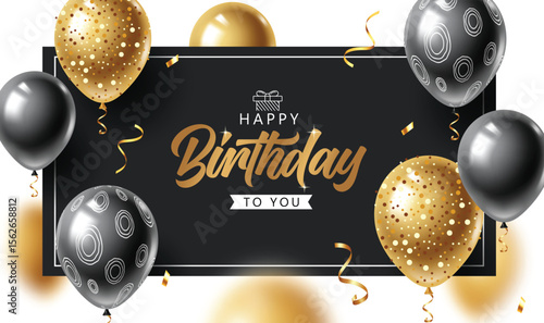 Showcasing gold shimmer balloons and a sleek black backdrop, this clipart is ideal for creating classy, upscale birthday themed materials for invitations designs.
