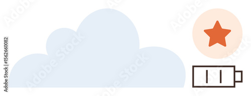 Light blue cloud alongside a low battery icon and an orange star badge. Ideal for technology, cloud storage, energy, sustainability, data backup, digital innovation, efficiency concepts. Simple flat