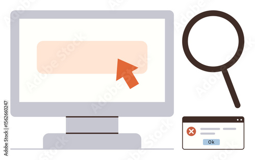 Desktop monitor with cursor on form field, magnifying glass for search, and error window with ok button. Ideal for web design, error handling, user interface, online search, troubleshooting, user