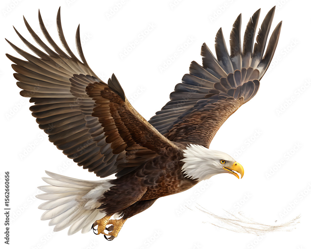 Fototapeta premium An illustration of a bald eagle soaring with its wings spread against a white background isolated