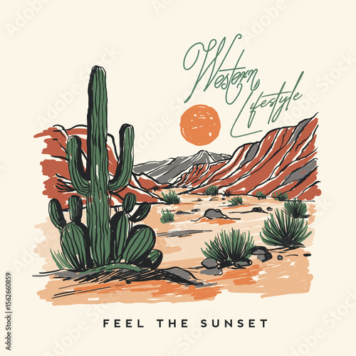 hand paint desert illustration. hand drawing desert graphics. desert t shirt design. summer graphics. womens mens vector graphics.