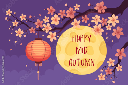 Happy mid-autumn festival. Card or banner for traditional Asian holiday. Shining full moon, red Chinese lantern and blossoming sakura branch, purple background.