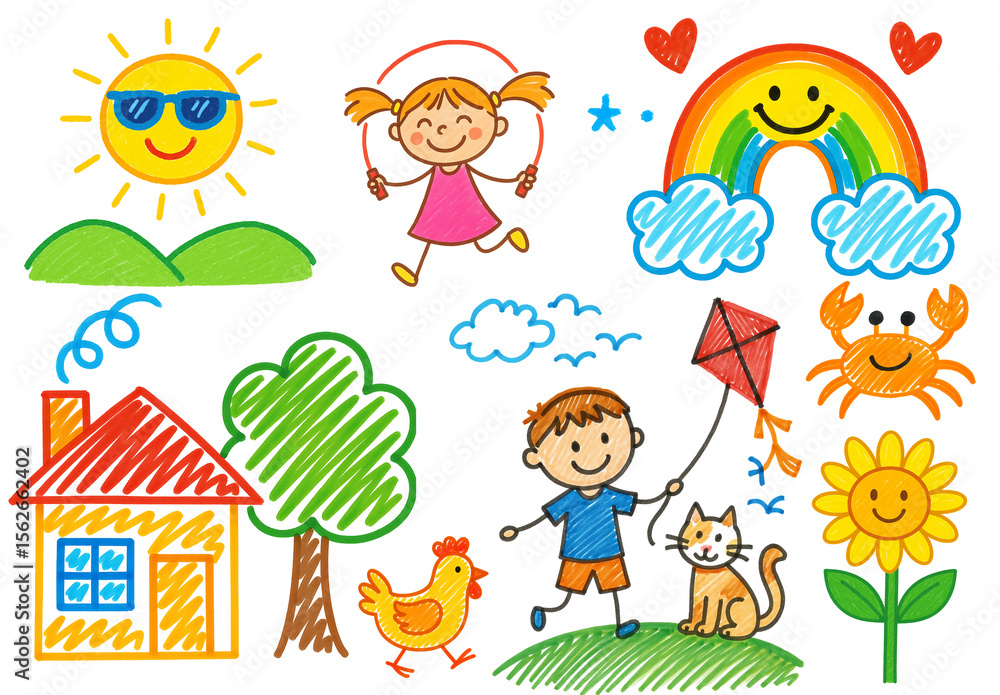 Naklejka premium Happy Day Outside – Childlike Marker-Style Drawing Set
