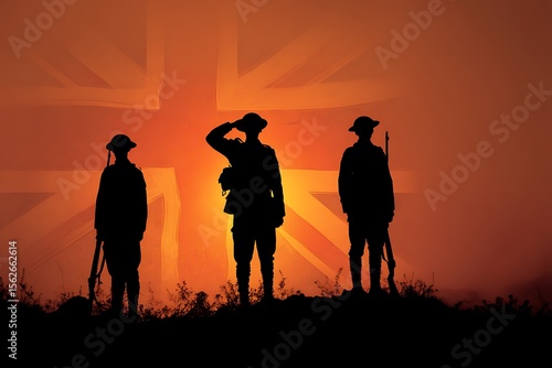 Silhouette of soldiers saluting with a Union Jack flag at sunset, remembering the fallen heroes