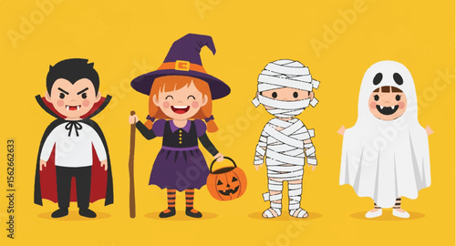 Cartoon Halloween: Kids in vampire, witch, mummy and ghost costumes on yellow background