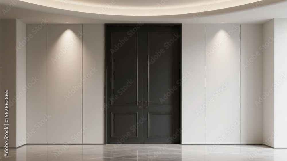 Fototapeta premium Modern Interior with Dark Double Doors and Recessed Lighting