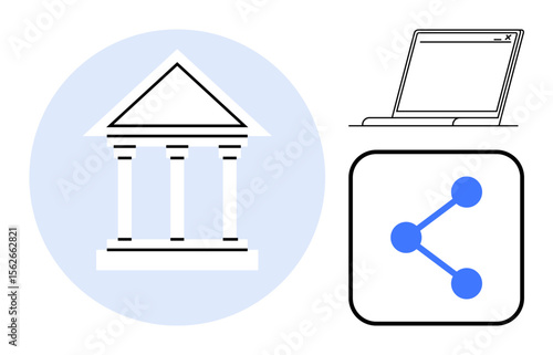 Bank institution, laptop symbolizing digitalization, and share element representing connectivity. Ideal for finance, governance, online networks, technology use, digital banking, education simple