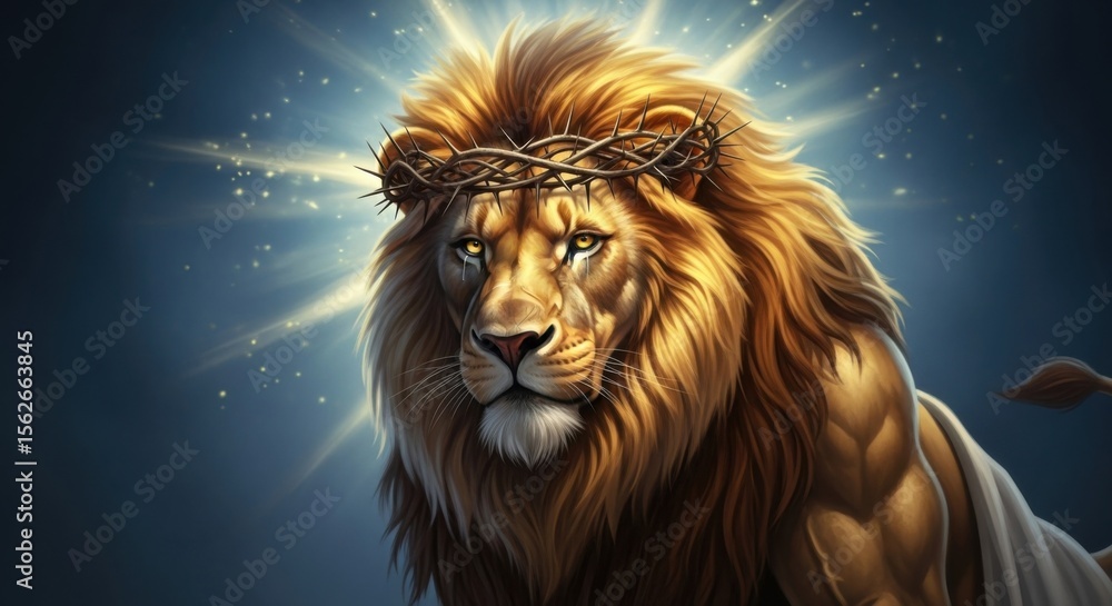 Naklejka premium Majestic Lion with Crown of Thorns and Radiant Halo Symbolizing Divine Strength and Sacrifice