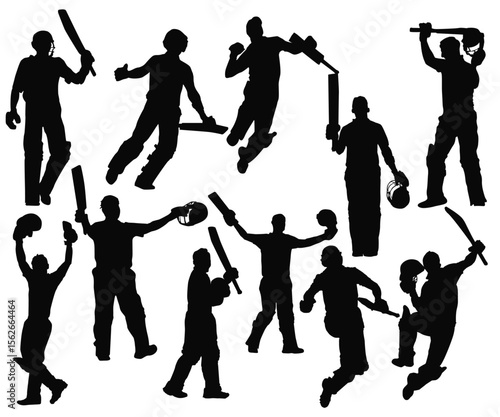 Cricket batsman celebration silhouette. Century fifties Tests ODIs T20Is Cricket isolated vector illustration set. Cricket winning celebration silhouette. Iconic winning celebration silhouette