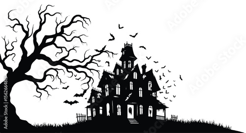 Spooky haunted house silhouette with "Happy Halloween" for festive backgrounds