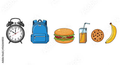 A clock backpack burger juice box cookie and banana are arranged in a horizontal line on a white background