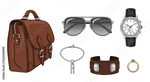Illustration of a brown leather satchel sunglasses wrist watch necklace cuff and ring accessories set up
