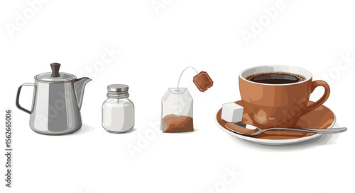 Still life of coffee cup with saucer teapot sugar shaker teabag and sugar cubes on a white background