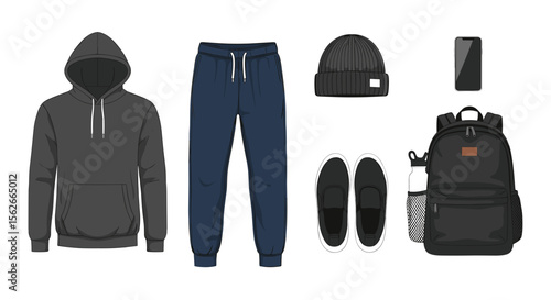 Arrangement of a gray hoodie, blue sweatpants, black beanie, phone, backpack, and shoes on white