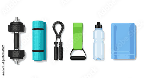 A set of fitness equipment including a dumbbell a yoga mat a jump rope a resistance band and a water bottle