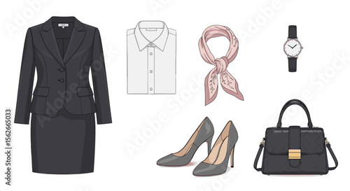 Illustration of a professional women's outfit with a suit blouse scarf heels and accessories