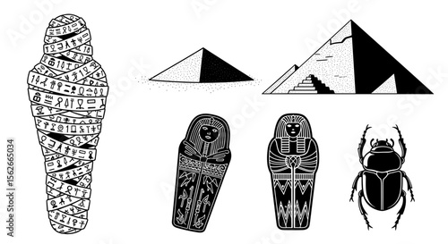 Illustration of egyptian elements including a mummy pyramids sarcophagi and a scarab beetle drawing