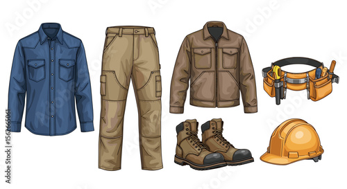 Illustration of workwear including a denim shirt, pants, jacket, boots, hard hat and tool belt
