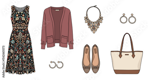 Aesthetic fashion layout featuring a floral maxi dress cardigan jewelry shoes and a tote bag in a flat style