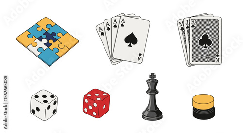 Illustration of a puzzle, playing cards, dice, chess piece, and a game pawn on a white background