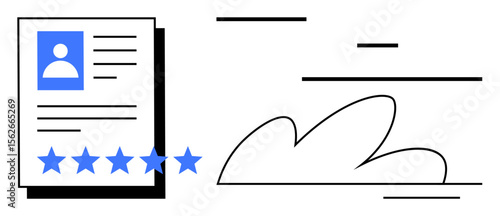 Profile document with photo and stars indicating a five-star rating alongside minimalist, abstract cloud-thumbs up shapes. Ideal for feedback, evaluation, quality, trust, customer satisfaction