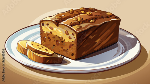 A thick-cut banana bread slice, with visible bits of walnut and banana, sits beautifully on a white porcelain plate, the light casting a delicious glow on the moist surface.