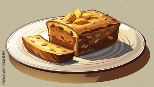 A thick-cut banana bread slice, with visible bits of walnut and banana, sits beautifully on a white porcelain plate, the light casting a delicious glow on the moist surface.