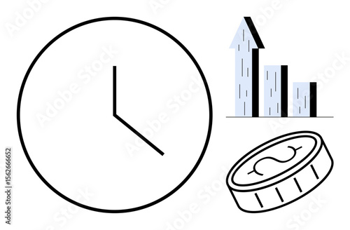 Clock indicating time, coin symbolizing money, and upward bar chart denoting growth. Ideal for productivity, financial management, efficiency, success, planning, profitability simple landing page