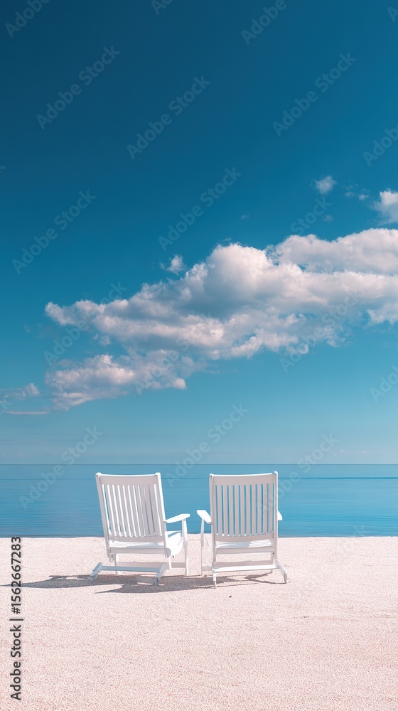 Photograph of two white chairs on the beach with a blue sky and calm sea in the background, peaceful and relaxing scene, perfect for summer vacation photos or travel, minimalist beach setting Photograph of two white chairs on the beach with a blue sky and calm sea in the background, peaceful and relaxing scene, perfect for summer vacation photos or travel, minimalist beach setting