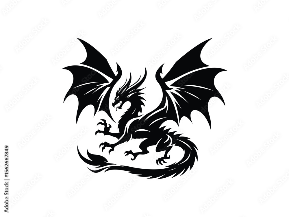 Obraz premium Mythical flying dragon. Black vector creature silhouette. Illustration of a mythical dragon soaring through the sky, perfect for fantasy and medieval-themed designs.