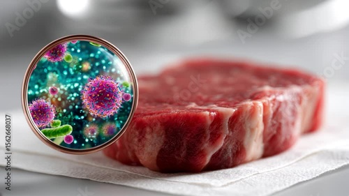 Raw beef steak placed on a clean white surface, with a magnified circle showing colorful 3D bacteria like E. coli and salmonella on the meat texture, concept of foodborne contamination and hygiene awa